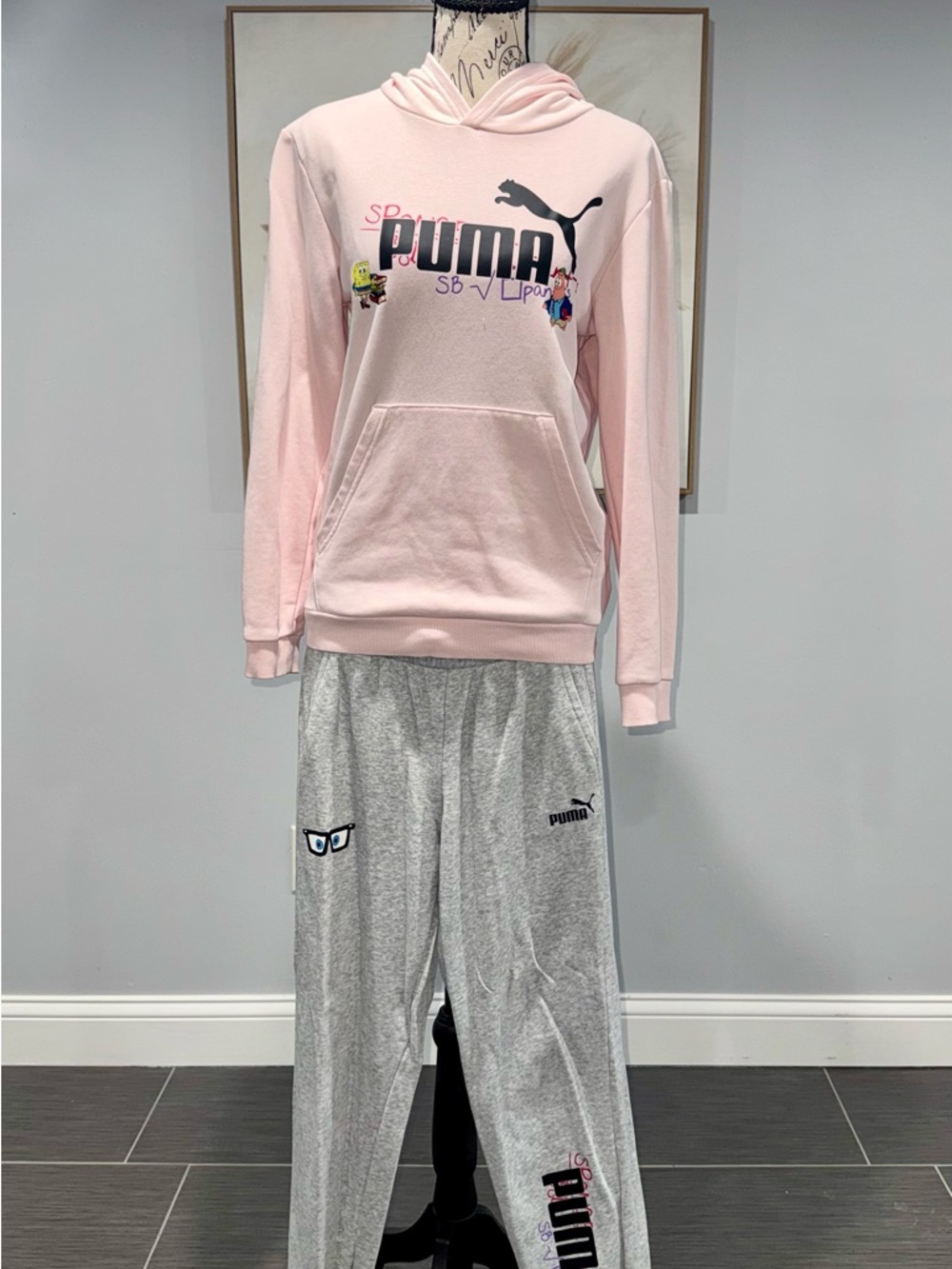 Puma Light Pink Hoodie with Gray Sweatpants SpongeBob edition